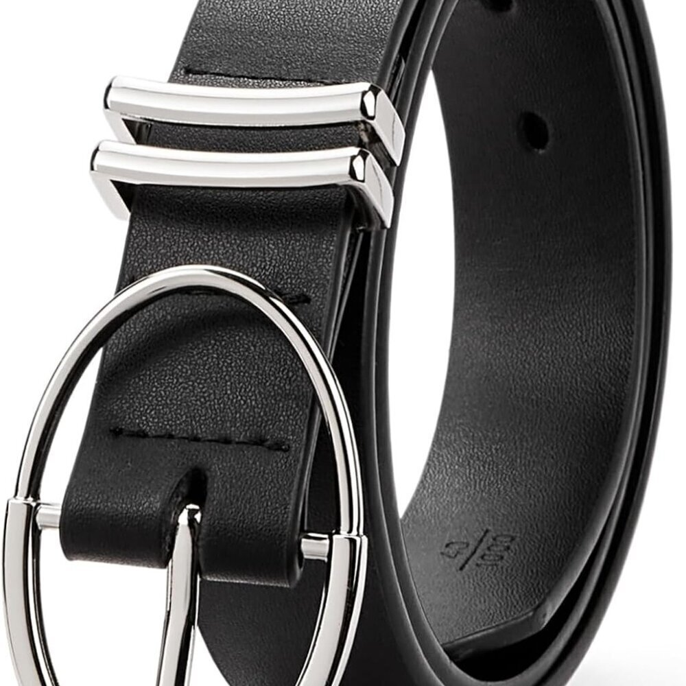 Women Belt Faux Leather Black Waist 32-38 Inches Silver Buckle Gift
